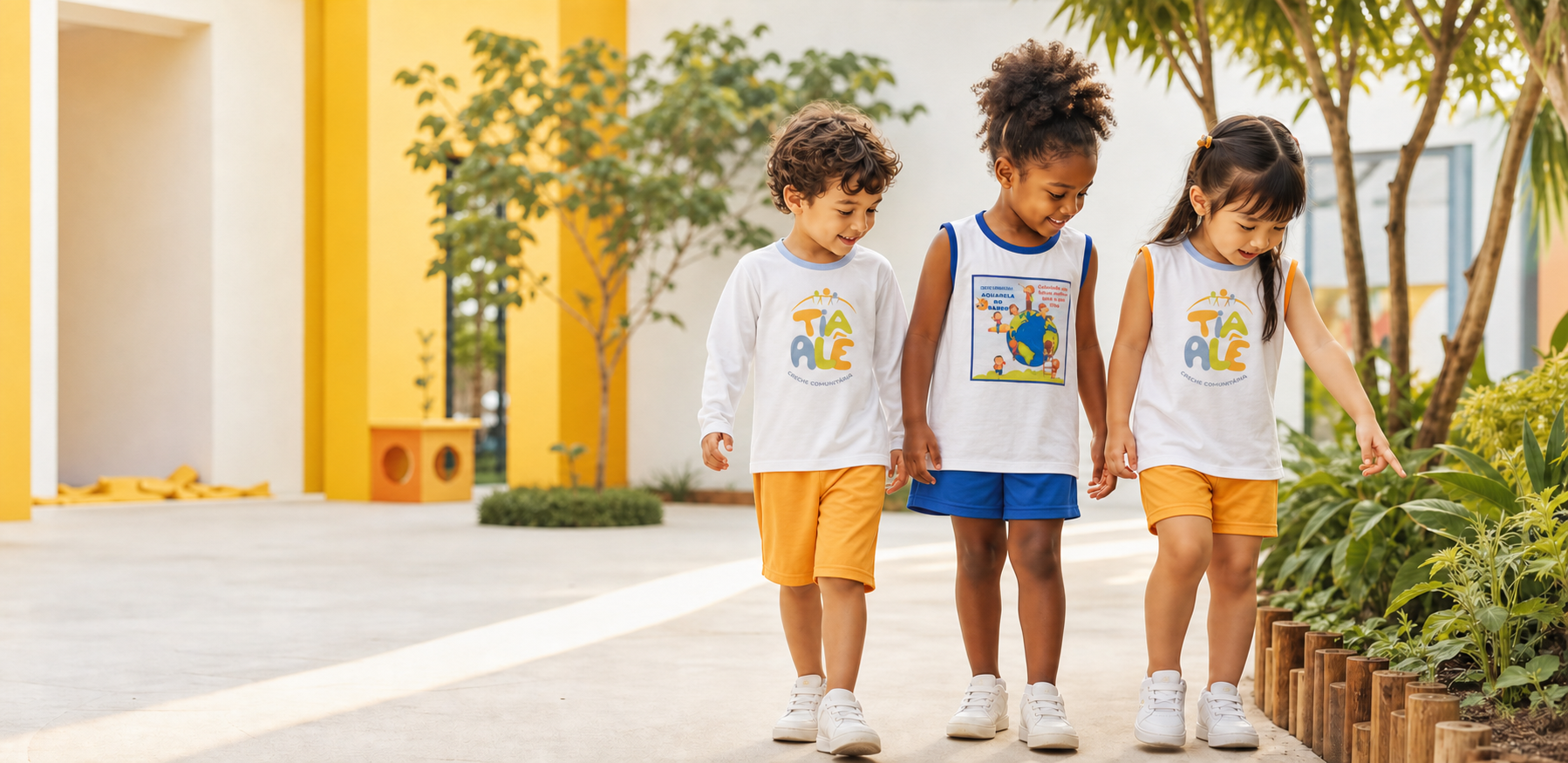 Crianças usando uniformes escolares produzidos pela Solviver em uma creche